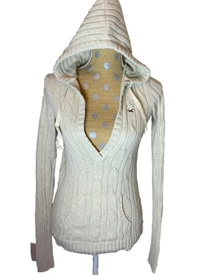 Suéter robusto Y2k Hollister creme com capuz malha de cabo bolso canguru médio vintage - Imagem 1 de 4