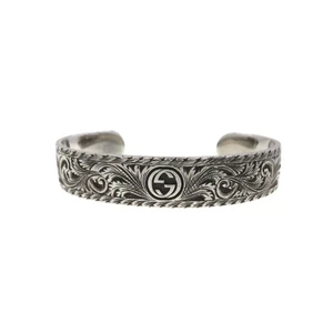 GUCCI Interlocking G Arabesque Tiger Head Bracelet 5.7" Silver 925 Auth #744F - Picture 1 of 9