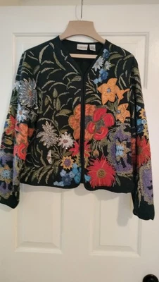 Винтажный 90-х годов Y2K Chicos цветочный вышитый бисером укороченный черный куртка Sz 2 (12) - Изображение 1 из 4