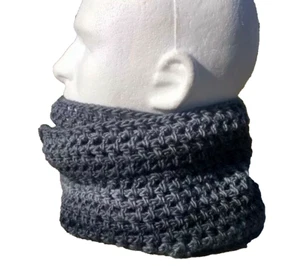 Handmade Mens Women's Striped Cowl Infinity Wool Scarf Wrap Gray Black Crochet  - Picture 1 of 11