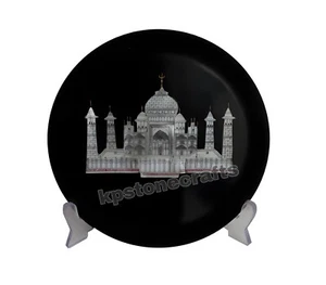 5" Black Marble Plate with Taj Mahal Glimpse – Handmade Inlay Art Decor - Picture 1 of 4