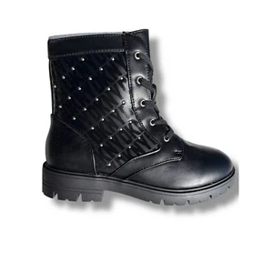 DKNY STASSI MILEY Combat Boots Studded Logo Lace Up Side Zip Black Boots Sz 4.5 - Picture 1 of 13