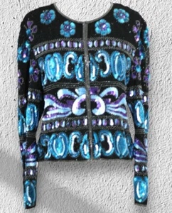 VTG 100% Silk Sequin Embellished Evening Jacket 1980s Purple Blue Black Size M/L - Picture 1 of 5