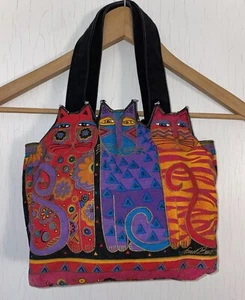 Laurel Burch Purse Small Canvas Cat Tote Zip Top Multicolor Shoulder Bag Vintage - Picture 1 of 9