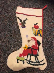 Vintage Wolle Nadelspitze Weihnachtsstrumpf 19" Weihnachtsmann mit Pfeife - Bild 1 von 7