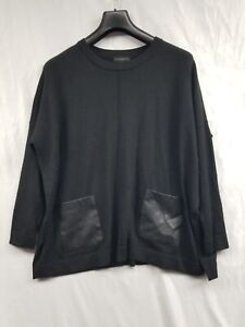 Donna Karan New York Women sweater Size Small Black Leather Pockets Crewneck 