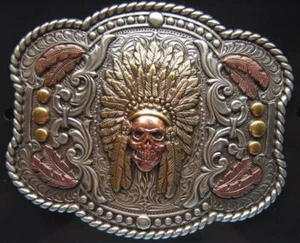 Nocona Western Buckle Indian Chief Feather Skull Silver 37600 - Picture 1 of 3