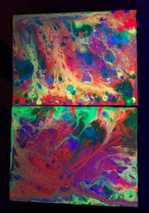 2 canvas 9 x 12 inches black light glow drip paintings neon abstract art shortie - Picture 1 of 2