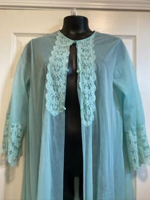 GILEAD Bell Sleeve Aqua Blue Lace Sheer DBL Nylon Button Down Open Front Robe M - Image 1 of 4