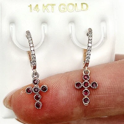 Pendientes Cruz Rubí Rojo Oro Rosa 14K Diamantes Naturales 0.10CTW 23mm Foto 1 de 4