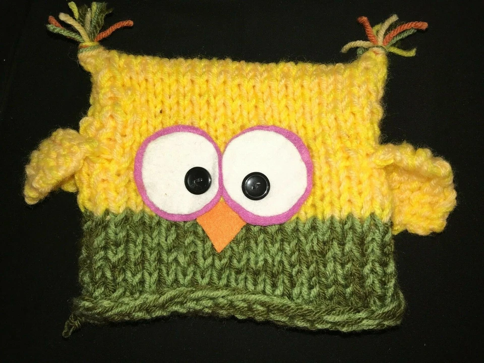 мальчик или девочка ручной работы вязаная сова зимняя шляпа большие глаза желтый 12/24 месяца @@ - Изображение 1 из 1