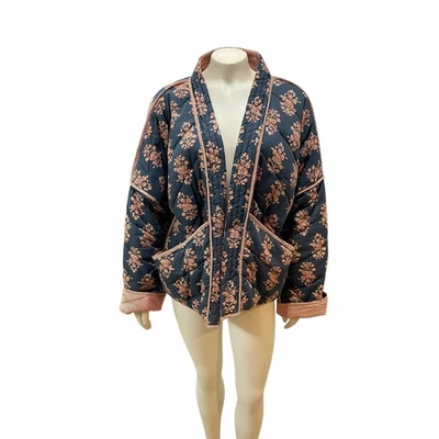 By Together Maeve Jacket Quilted Floral Striped Large Navy Orange  - Image 1 of 4