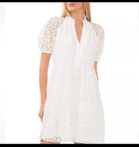 NWT CeCe Women’s Puff Sleeve Babydoll Lace Minidress In New Ivory Size L - Picture 1 of 9