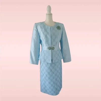 LILY & TAYLOR 3 pc. Sky Blue Skirt Suit size 12 Faux Opal Jewels Church Wedding - Image 1 of 4