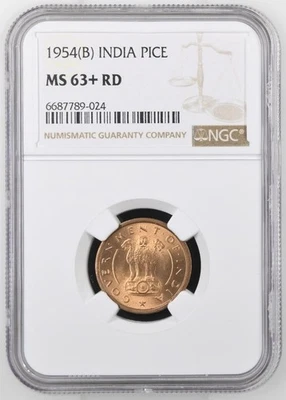 India 1 Pice 1954B NGC MS 63+ RD - Image 1 of 2