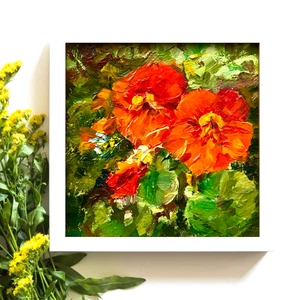 Original Oil Painting Nasturtiums  Garden Orange Flowers small art  4x4inch - Picture 1 of 6