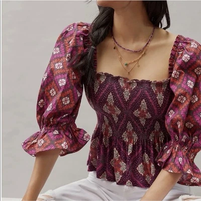 Blusa Anthropologie Condiciones Aplicar Top Calado Manga Abullonada Floral Talla L Foto 1 de 4