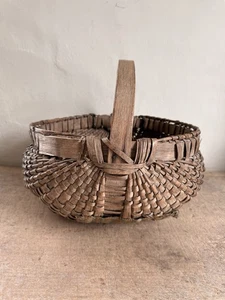 Best Antique Handmade Basket Old Fabric Make Do Linsey Woolsey Patch Repair ￼ - Picture 1 of 23