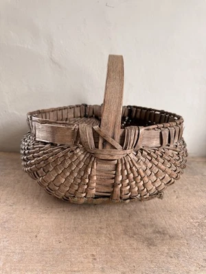 Best Antique Handmade Basket Old Fabric Make Do Linsey Woolsey Patch Repair ￼ - Image 1 of 4