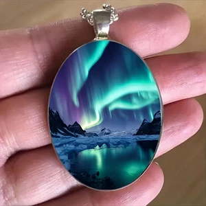 Aurora Borealis Oval Schmuck Vintage Silber Natur Kosmisch Anhänger Halskette - Bild 1 von 5
