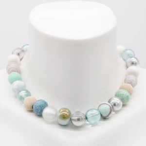 Halskette Perlenkette "Pastelltürkis" Made in Germany Keramik Glas besonders - Bild 1 von 18