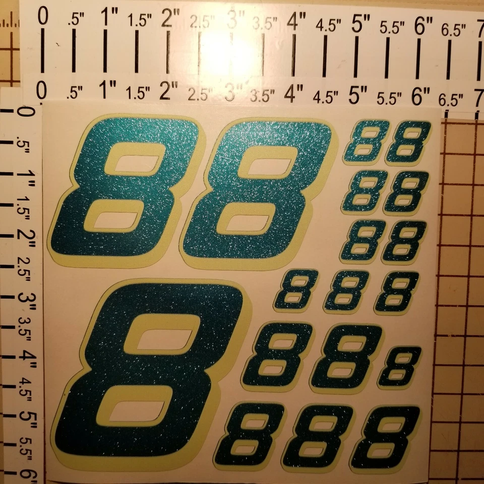 ULTRA Metallic Teal w/Creme #8's Racing Numbers Vinyl Decal Sheet 1/10-1/12 r/c  - Image 1 of 4