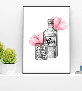 Gin Bottle KITCHEN PRINT Pink Flower Picture Illustration A4 Wall Art Unframed - Picture 1 of 2