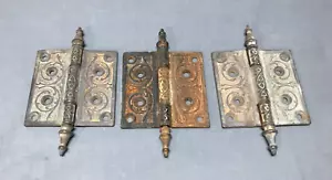 Vintage Set 3 Decorative Door Hinges 4x4 Steeple Point Cast Iron Old 1018-24B - Picture 1 of 16