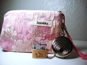 Working Mini Peach-Floral Lighter, By CMC - Floral Pouch - Steel Pocket Ashtray - Picture 1 of 11