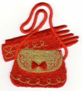 3" Gold Rot Handtasche Handschuhe Rot Mütze Gesellschaft Stickerei Patch - Bild 1 von 1