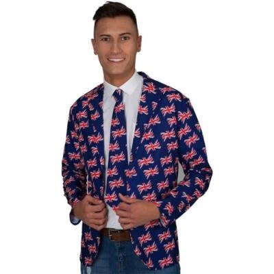 Mens Royal Wedding Union Jack Jacket & Tie United Kingdom Sports Fancy Dress — 第 1/2 张图片
