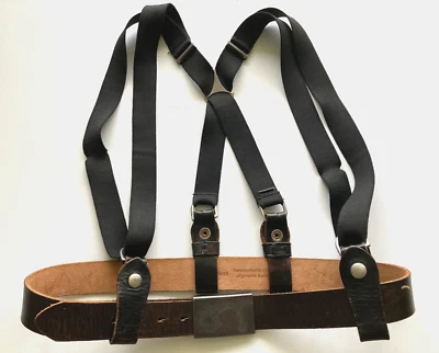 X - Black Elastic Fireman's Suspenders with Brown Leather Belt Size 38/95 VTG - Image 1 of 4