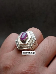 Mens Untreated Ruby Ring Sterling Silver 925 Yaqoot Engraved Ring Natural Ruby - Picture 1 of 5