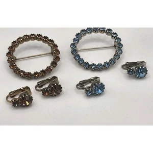 Vintage Rhinestone Brooch Earring Set Lot Blue Orange - Picture 1 of 16