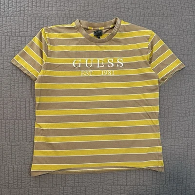 Y2K Guess T Shirt Men's Medium Brown Gold Striped Streetwear Preppy Embroidered - Image 1 of 4