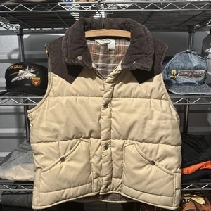 Vintage Mens 80s Key Imperial Tan Flannel Lined Corduroy Collar Puffer Vest - Picture 1 of 15