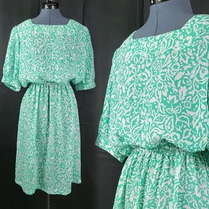 Vintage Rhodes Collection Green Blouson Dress w White Floral Size L/XL? - Picture 1 of 17
