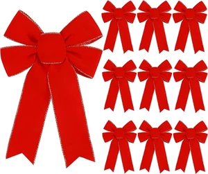 10 Pack Red Bows Christmas Tree Decorations,9”X13”Large Velvet Ornament Bow with - Picture 1 of 12