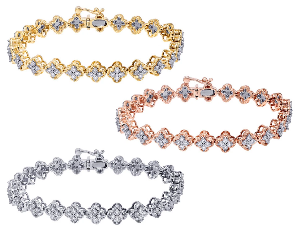 Illusion Set 4/5 CT Real Diamond Clover Link Bracelet 10K Gold 7.5MM 7" - Image 1 of 4