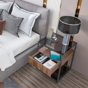Modern Versatile Nightstand Tempered Glass End Table with Drawer&Rustic Shelf - Picture 1 of 14