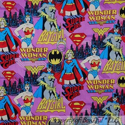 BonEful Fabric FQ Cotton Quilt Pink Super Girl Hero Batgirl Wonder Woman Comic S - Image 1 of 4