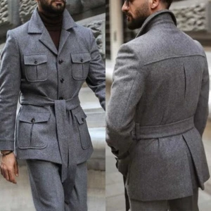 Herren Grauer Langer Mantel Custom Kurz Winter Jacke Hüftgürtel Knopf Freizeit - Bild 1 von 9
