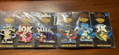 Set of 6 2018 Run Disney Marathon Weekend Pins-- Mickey, Minnie, Dopey, Goofy Foto 1 de 4