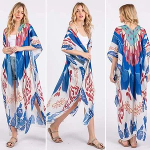 Blau, weiß und rosa Boho Bohemian Print vorne offen langer Kimono Schal Überwurf - Bild 1 von 5