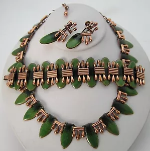 Seltene Kupfer Parure Matisse Renoir grüne Emaille Halskette Armband Ohrringe Set - Bild 1 von 19