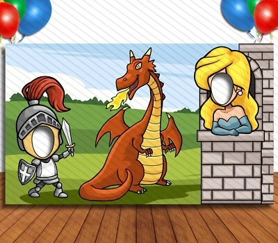 Recorte facial temático caballero, dragón y princesa, 42x72" foto standee fiesta utilería Foto 1 de 4