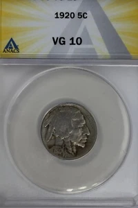 1920  .05   ANACS   VG 10   Buffalo Nickel, Indian Nickel, 5 Cent Piece - Picture 1 of 2