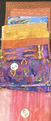 Lot of 9 Fabric Scraps Squiggles Swirls Tonal Purple Pink Brown Golden Yellow - Image 1 of 4