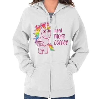 Divertida sudadera con capucha con cremallera para mujer Tired Unicorn Need More Coffee Joke Foto 1 de 4