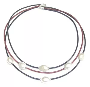 Collier De 6 Perles Cultivées 11 MM Avec Cuir Bleu Et Grenat Et Argent De 1ª Loi - Bild 1 von 3